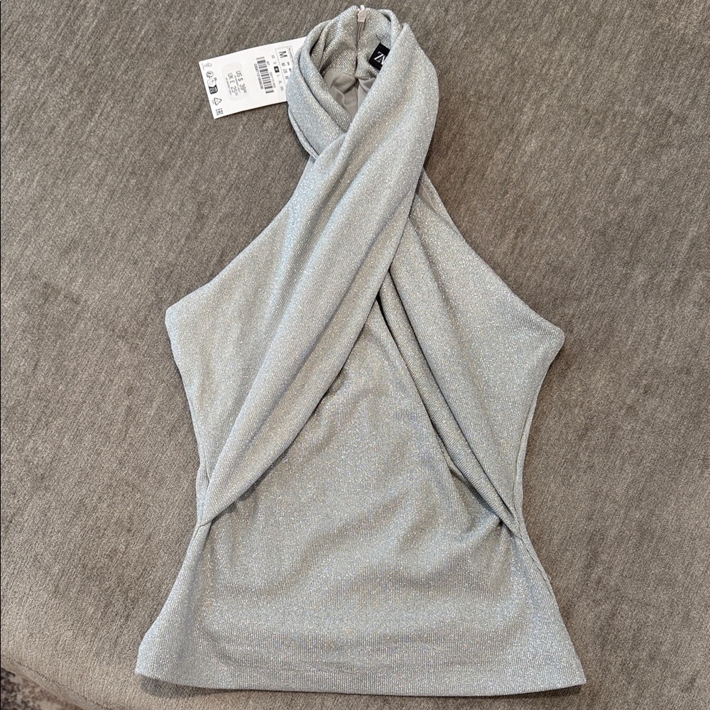 NWT - Zara Shimmering Silver Halter Blouse, Sz M & L available - FREE SHIPPING